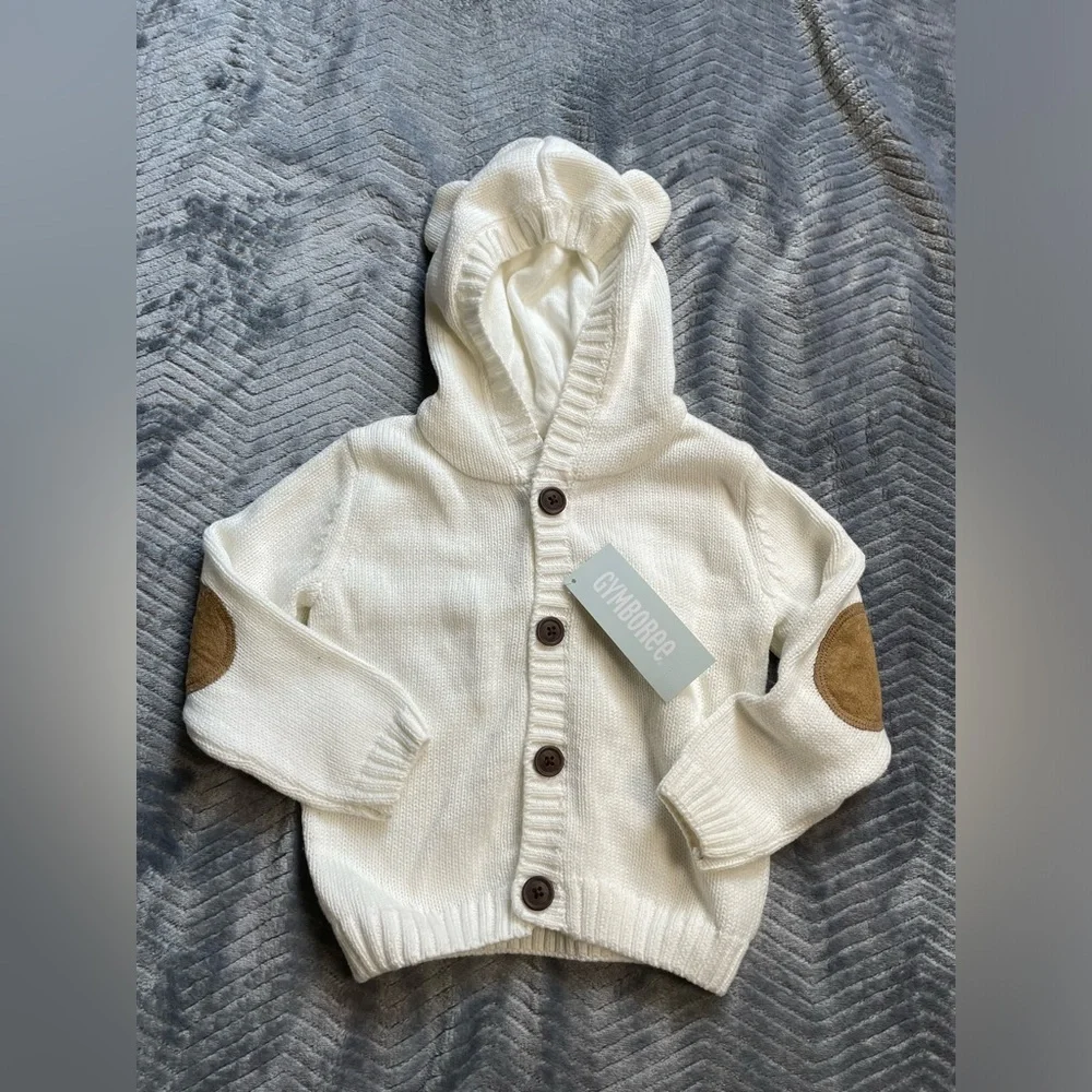 NWT Gymboree Cream‎ Knit Hooded Cardigan Sweater Bear Ears Elbow Patch 18-24 Mo